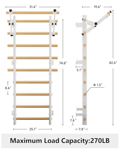 Cofiyard Swedish Ladder Wall Gym, Wooden Wall-Mounted Stall Bars with Pull-up Bar & Exercise Straps & Dip Bars, Stretching Ladder Full Body Home Gym Adults New - color: White