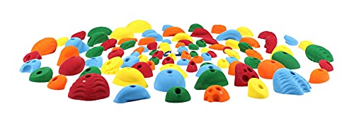 Atomik Rock Climbing Holds Set of 115 Bolt-On Steep Wall Style Slopers, Jugs, Pinches, and Crimps in Assorted Bright Tones