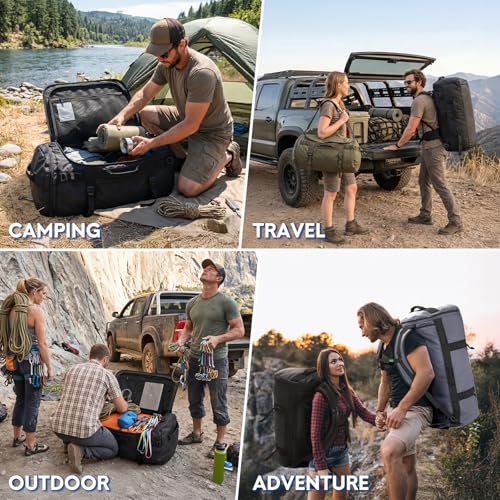 Haimont Heavy Duty Convertible Travel Duffel Backpack, Black, 90L | Shoe Compartment, Water-Resistant Tarpaulin, Wide U-Shaped Opening - color: Black, size: 90L