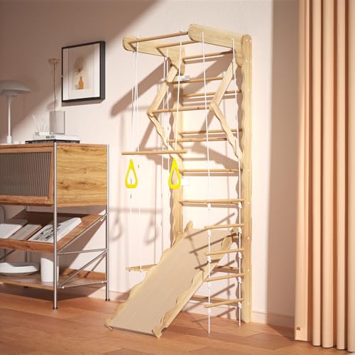 5-in-1 Wooden Indoor Jungle Gym for Kids, Wall-Mounted Swedish Ladder with Pull-Up Bar, Rings, Swing, and Slide – Montessori-Inspired Kids Playset for Fun & Development, Ages 3-8 - size: 5-in-1