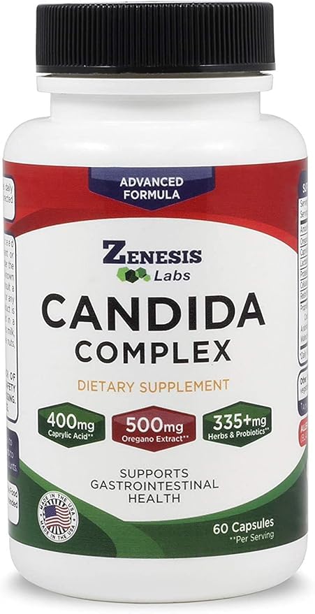Zenesis Labs Candida Complex Cleanse Detox Caprylic Acid Supplement, Oregano Extract, Probiotics, Enzymes - Bulk 180 Capsules, 90 Day Supply (60 Capsules/Bottle)