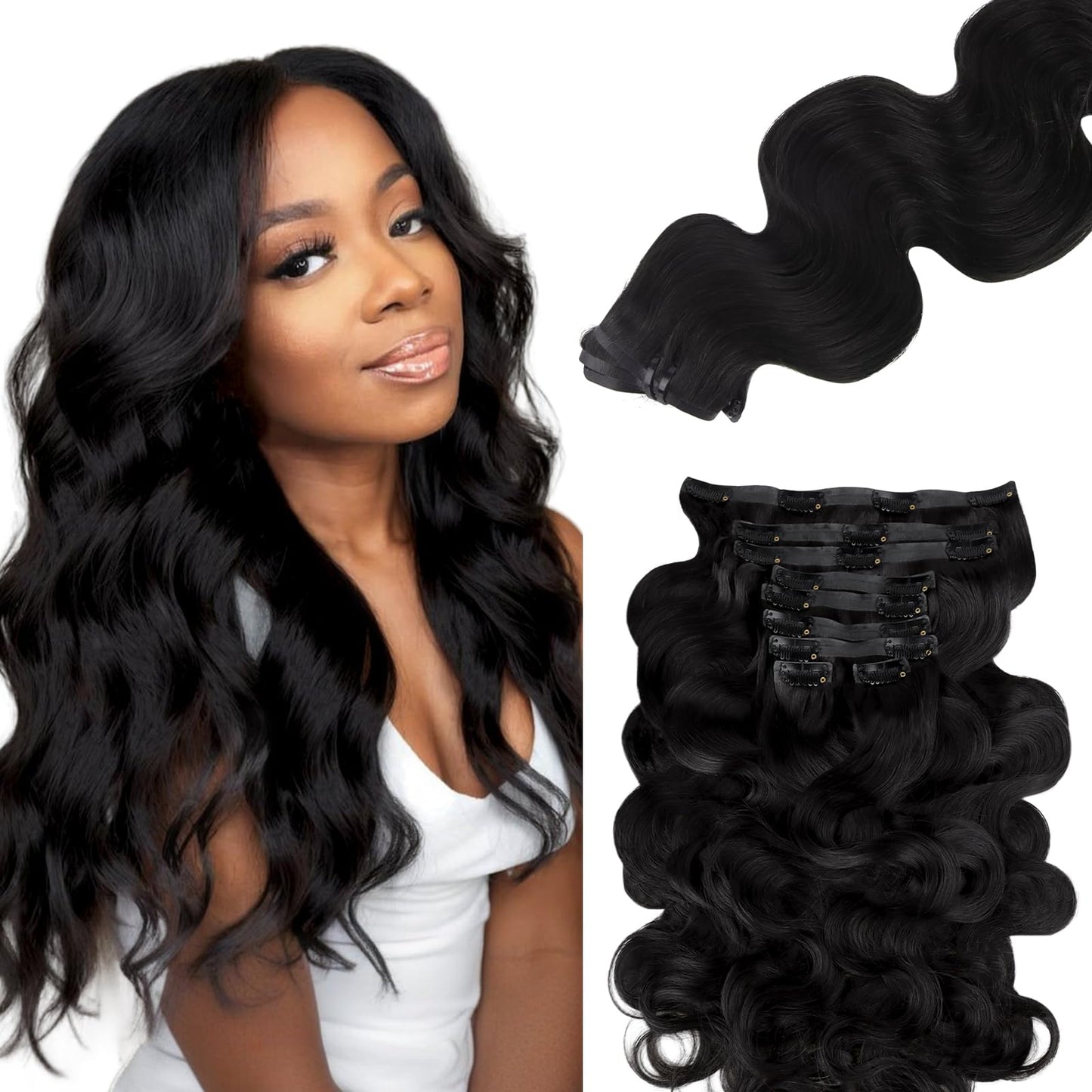 Lashey Seamless Clip In Hair Extensions Human Hair 130G 9Pcs 16 Inch Body Wave #1 Jet Black Clip In Hair Extensions For Women Na