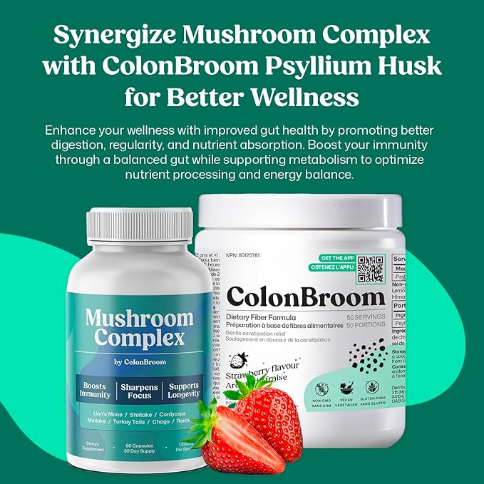 ColonBroom Mushroom Complex, Powerful Mushroom Blend with Cordyceps, Reishi, Shiitake, Lion’s Mane Extract for Energy, Immunity, Stress Relief & Cognitive Health - 60 Capsules, 30 Day Supply