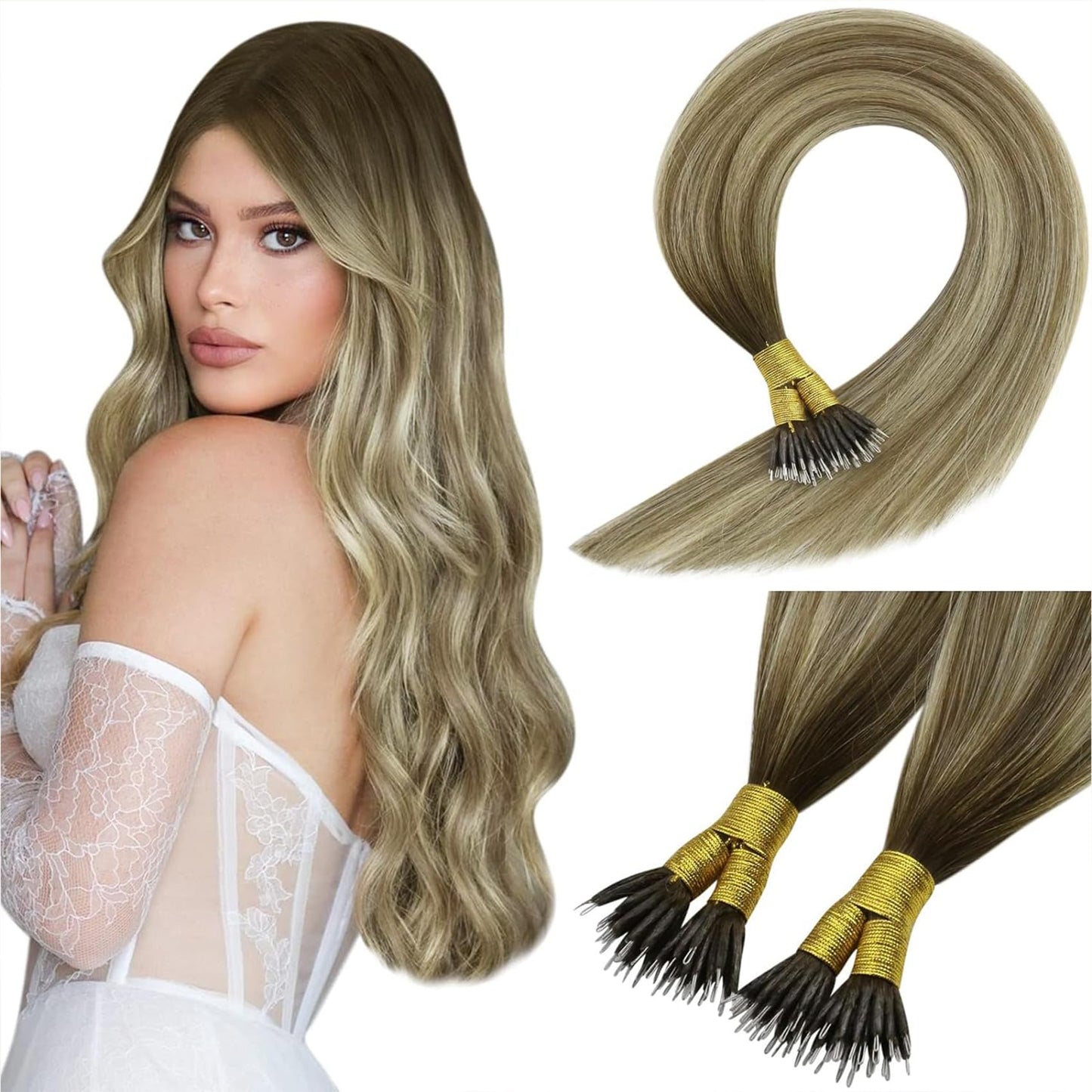Sunny Hair Nano Hair Extensions Human Hair Brown Balayage Nano Tip Extensions Cool Brown Balayage Light Brown Mix Golden Blonde