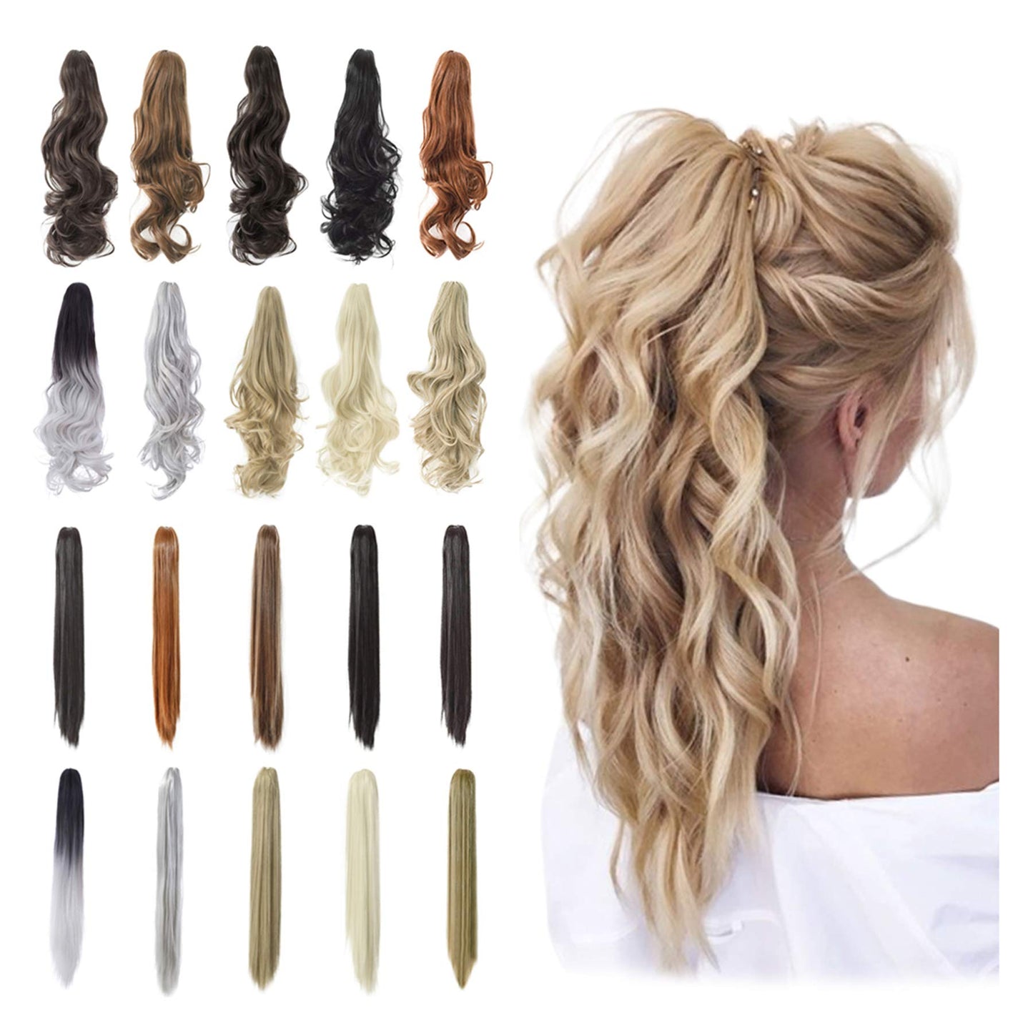 Qunlinta Hair Extensions Ponytail 18'' 20'' Claw Curly Wavy Ponytail Extension Straight Clip In Synthetic Hairpiece Ash Blonde M