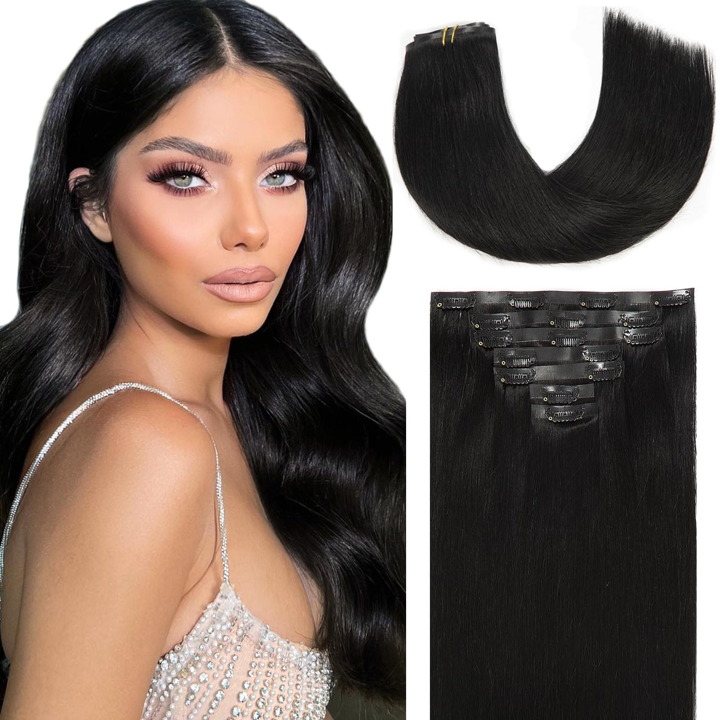 Loxxy Human Hair Extensions Clip In Pu Weft Jet Black Seamless Hair Extensions Clip In 22Inch 110Gram 7Pcs Remy Hair Extensions