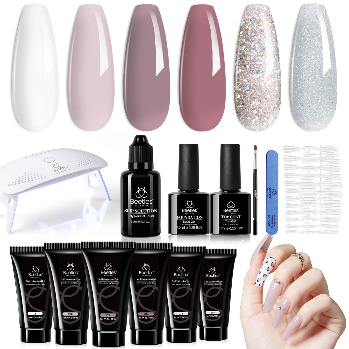 Beetles Poly Nail Gel Kit, 6 Colors Soak Off Uv Lamp Extension Gel Nail Polish Set With Base Gel Glossy & Matte Top Coat For All