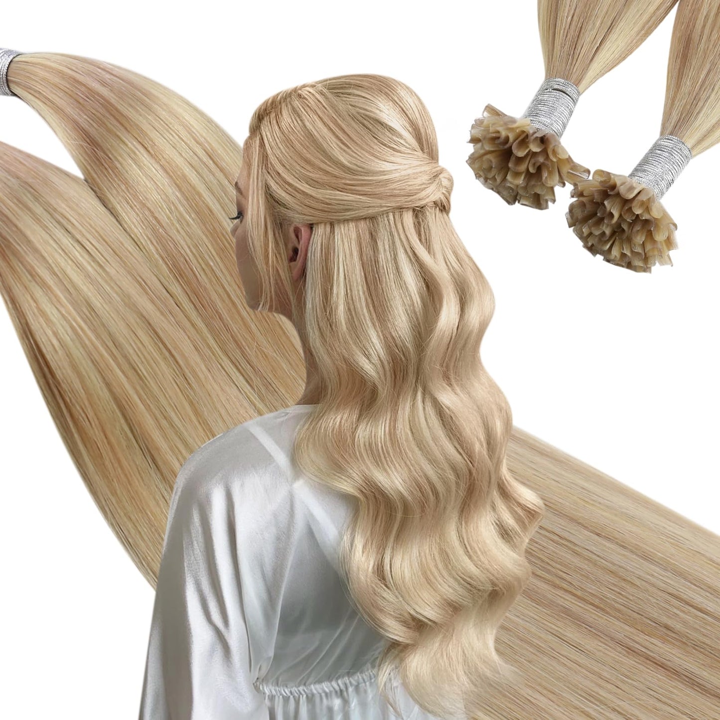 Ugeat K Tip Hair Extensions Real Human Hair Blonde K Tip Remy Hair Extensions Dark Ash Blonde Highlights Golden Blonde Keratin F
