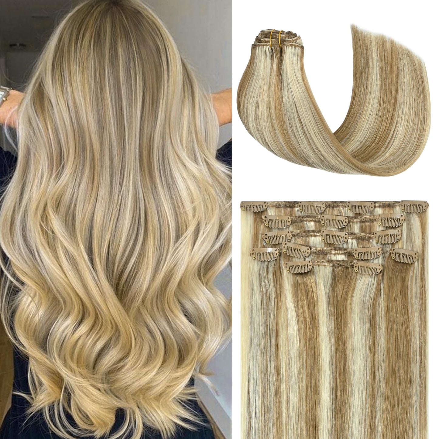 Honsoo Clip In Hair Extensions Real Human Hair, Balayage Hair Extensions Mixed Bleach Blonde 12Inch 70G 7Pcs Straight Silky Blon