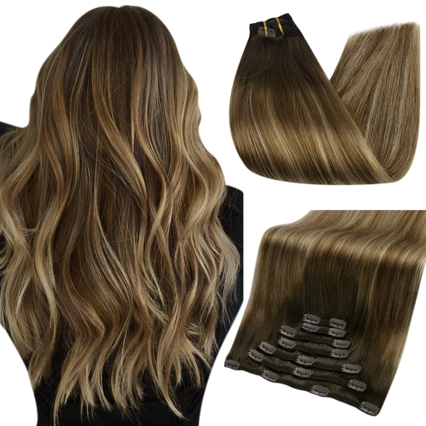 Full Shine Real Human Hair Extensions Clip Ins 12 Inch Brown Balayage Clip In Hair Extensions Dark Brown Ombre Brown Mix Caramel