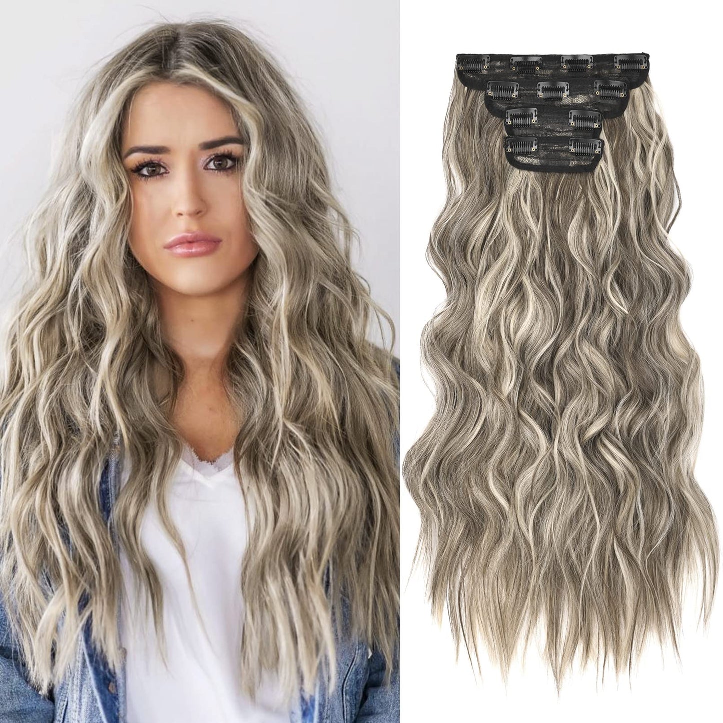 Reecho Hair Extensions, 4Pcs Clip In Hair Extensions He001 Natural Soft Synthetic Hairpieces For Women, Ash Brown With Platinum