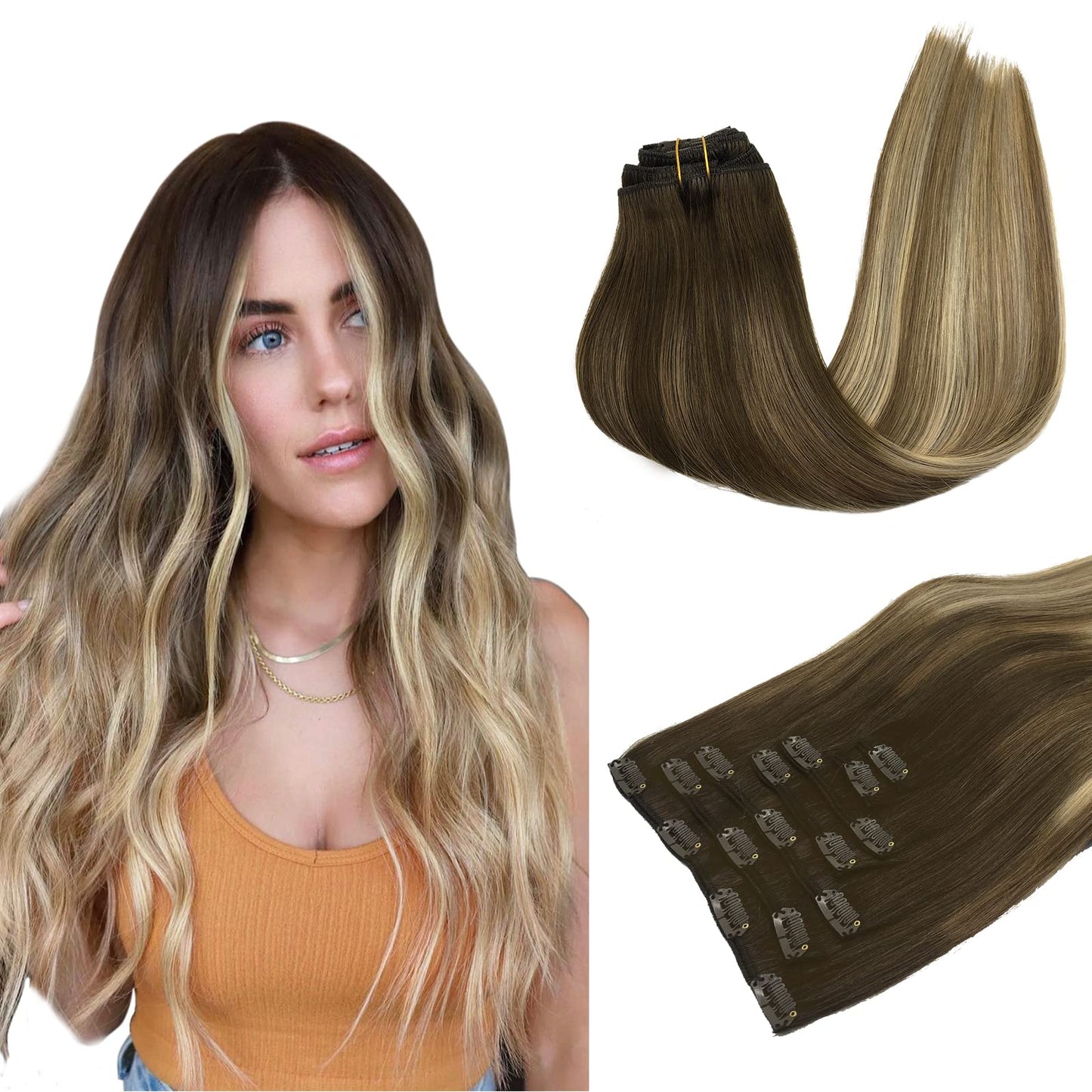Clip In Hair Extensions Real Human Hair, 7Pcs 120G 18 Inch, Walnut Brown To Ash Brown And Bleach Blonde Maxita Remy Hair Extensi