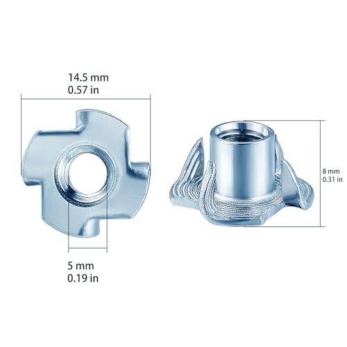 T-Nuts M5x8 (100 pcs), zinc Plated Steel, for Wood, Climbing Holds and cabinets - color: Zinc, size: M5