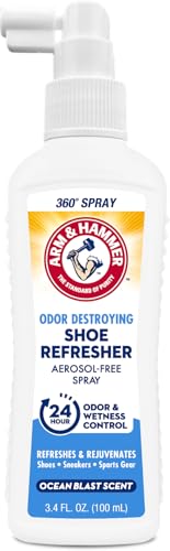 Arm & Hammer Shoe Refresher Spray, Odor Eliminator for Sneakers, 24 Odor & Wetness Control, Aerosol-Free Shoe Deodorizer Spray, Ocean Blast Scent, 3.4 oz - size: 3.4 Ounce (Pack of 1)