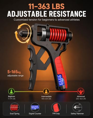Adjustable Digital Counting Hand Grip Strengthener, 11-363 lbs | Double Spring Grip Strength Trainer, Smart Electronic Counter, 11-363 lbs Forearm Exerciser For Climbing And Fitness - color: Black