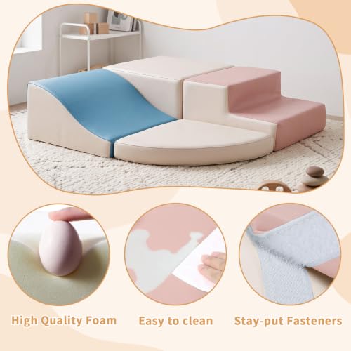 TODIBY 4-Pieces Climbing Toys for Toddlers: PU Leather - Soft Play Climbing for Toddlers - Foam Climbing Blocks for Crawling and Sliding Indoor Playground for Kids（Blue Pink） - style: Blue Pink
