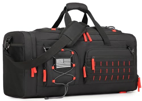 50L Tactical Gym Bag for Men and Women with Shoe & Laptop Compartment | Extra Large Duffle Bag, 3-in-1 Travel Sports Duffel Bags MOLLE Weekender Overnight Bag for Gym, Travel, Black+Red - color: Black+Red