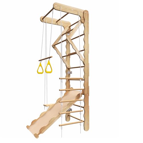 5-in-1 Wooden Indoor Jungle Gym for Kids, Wall-Mounted Swedish Ladder with Pull-Up Bar, Rings, Swing, and Slide – Montessori-Inspired Kids Playset for Fun & Development, Ages 3-8 - size: 5-in-1