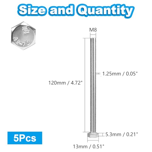 5 Pcs M8 Hex Bolts M8-1.25 x 120mm Hex Head Screw Bolt 304 Stainless Steel M8-1.25mm Hexagon Bolts Hex Head Screws, Metric Machine Fully Thread, Bright Finish - size: M8-1.25 x 120mm