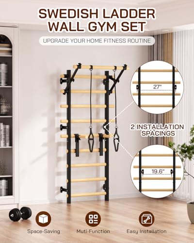 Cofiyard Swedish Ladder Wall Gym, Wooden Wall-Mounted Stall Bars with Pull-up Bar & Exercise Straps & Dip Bars, Stretching Ladder Full Body Home Gym Adults New - color: Black