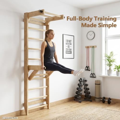 Swedish Ladder Wall Bar with Adjustable Pull-Up Bar | Solid Wood Construction, 10 Pine Rungs, All Ages, for Home, School, Gymnastics Training