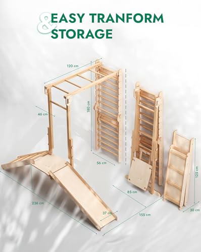 9-in-1 Wooden Indoor Climbing Frame for Children, Montessori-Inspired Climbing Set with Wall Bars, Monkey Bars, Pull-Up Bar, Rings, Swing, Rope Ladder, Climbing Board, Slide & Platform - size: Indoor Play Gym