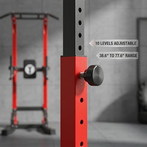 Power Tower Pull Up Bar Dip Station, Free Standing Pull Up Rack Dip Station for Home Gym, 10-Level Adjustable Height Pull Up Bar Stand Dip Bar Strength Training Workout Equipment - color: Red