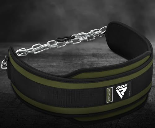 RDX Dip Belt for Weight Lifting, Heavy Duty 36 Inch Adjustable Steel Chain, Dipping Belt Chin Pull Ups Gym Training Bodybuilding Powerlifting Fitness Workout, 6” Padded Neoprene Back Support Men Women - color: Army Green