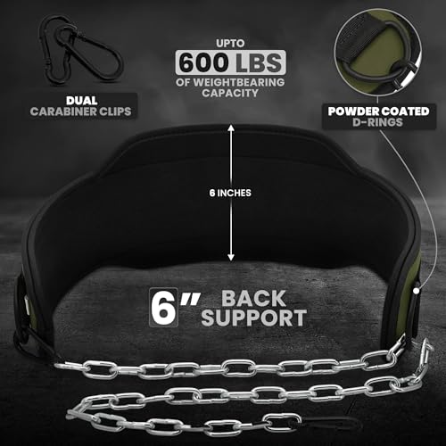 RDX Dip Belt for Weight Lifting, Heavy Duty 36 Inch Adjustable Steel Chain, Dipping Belt Chin Pull Ups Gym Training Bodybuilding Powerlifting Fitness Workout, 6” Padded Neoprene Back Support Men Women - color: Army Green