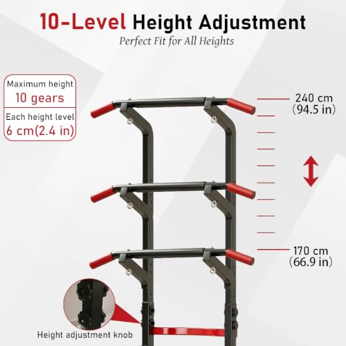 Power Tower Pull Up & Dip Station Multi-Function Home Strength Training Fitness Workout Station Height Adjustable - color: Black And Red