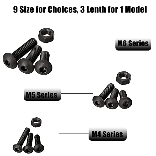 219 Pcs M6/M5/M4 Black Button Head Nuts and Bolts, Socket Cap Screws Nuts Assortment Kit, Allen Hexagon Round Mushroom Machine Screws Assortment Set - size: Black Round Head
