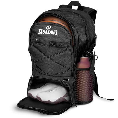 Spalding Basketball Backpack Sports Bag | Large Black Backpack with Shoe and Ball Compartment | Gifts for Basketball Players - color: Black