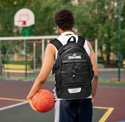 Spalding Basketball Backpack Sports Bag | Large Black Backpack with Shoe and Ball Compartment | Gifts for Basketball Players - color: Black