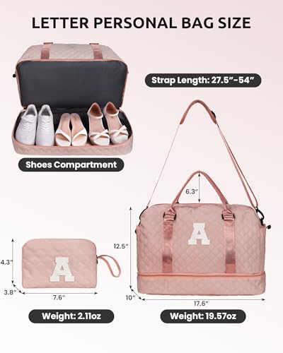 Birthday Gifts for Women-Letter Duffle Bag with Shoe Compartment | Personalized Weekender Bag, Overnight Bags for Women with Trolley Sleeve & Wet Pocket, Travel Bags with Makeup Bag (Letter D) - color: Pink, style: D
