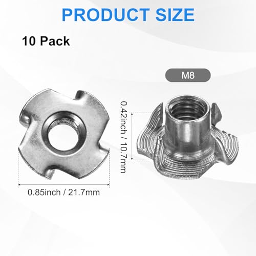 M METERXITY 10-Pack M8x10.7mm T-nut, 4-Pronged Tee Nut Threaded Insert | Stainless Steel, for Wood, Rock Climbing Holds, Furniture, Corrosion Resistant Fasteners - size: M8x10.7mm