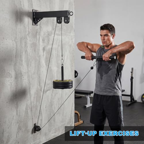 Wall Mounted Pulley System, Low Cable Machine Pulley System for LAT Pulldown, Biceps Curl Home Gym Equipment with Fitness Pull Down Bar, Tricep Rope - style: Wall Mounted Pulley System with Straight Bar