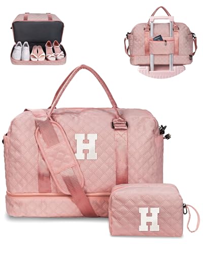 Gift for Girls-5 6 7 8 9 10 11 12 13 14 15 16 Year Old-Duffle Bags | with Shoe Compartment, Personalized Weekender Bag, Travel Bag with Makeup Bags, Gifts for Women Birthday Unique (Letter H) - color: Pink, style: H