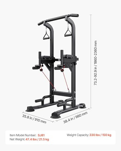 VEVOR Pull Up Bar, 330 LBS Power Tower Dip Station, Workout Dip Station with H-Shaped Stable Base & Back Pad, Adjustable 12 Level Height Free Standing Chin Up Bar for Back, 4-Level Adjustable Back Pad