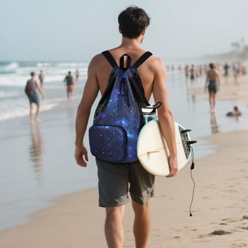 Drawstring Climbing Gym Bag With Pockets Drawstring Backpack with Wet Dry Compartments Blue Purple Galaxy