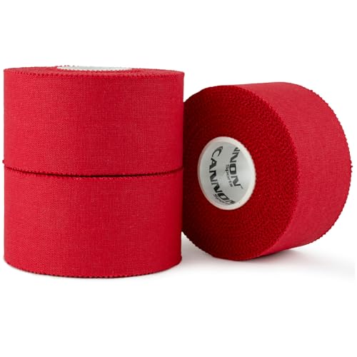 Cannon Sports Premium Athletic Tape - 1.5” x 45 Feet Per Roll - Easy Tear, No Sticky Residue, Very Strong, Hypoallergenic and Latex Free - Ideal for Sprains, Strains, First Aid - Pack of 3 (Red) - color: Red