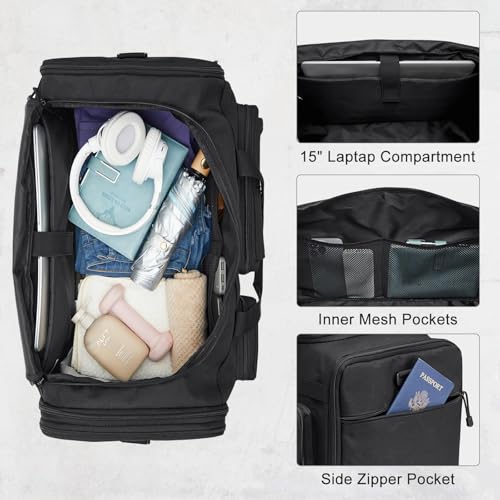 G4Free 3-in-1 Expandable Duffle Bag for Travel Gym, Large Duffel Backpack | 45L to 55L, with Shoes Compartment & Wet Pocket, for Men Women, Black - color: Black