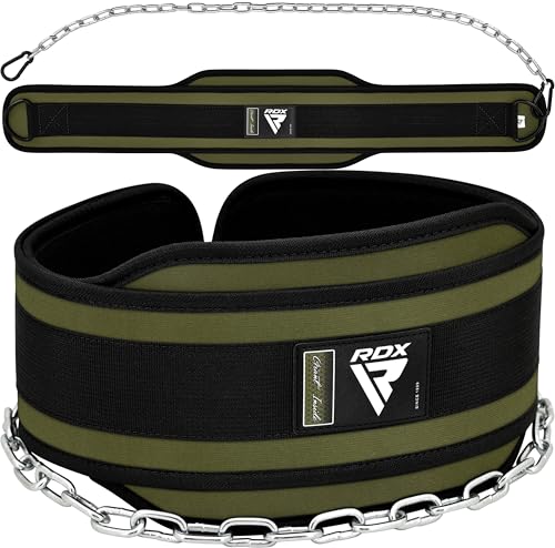 RDX Dip Belt for Weight Lifting, Heavy Duty 36 Inch Adjustable Steel Chain, Dipping Belt Chin Pull Ups Gym Training Bodybuilding Powerlifting Fitness Workout, 6” Padded Neoprene Back Support Men Women - color: Army Green