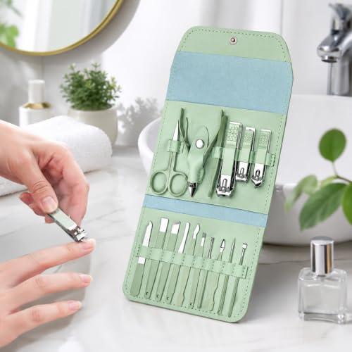 16 Piece Stainless Steel Manicure & Pedicure Set, Professional Nail Clippers Kit with Ear Spoon, Cuticle Tools, Scissors, Files, Folding Bag - Complete Home Nail Care Grooming Kit