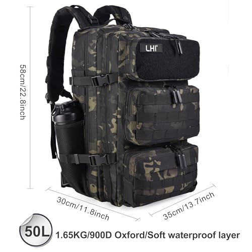 LHI Tactical Military Backpack for Men and Women 25L/35L Army Assault Pack Bag Small Rucksack with Bottle Holder - color: 50l-shoe Compartment(blackcp), size: Large