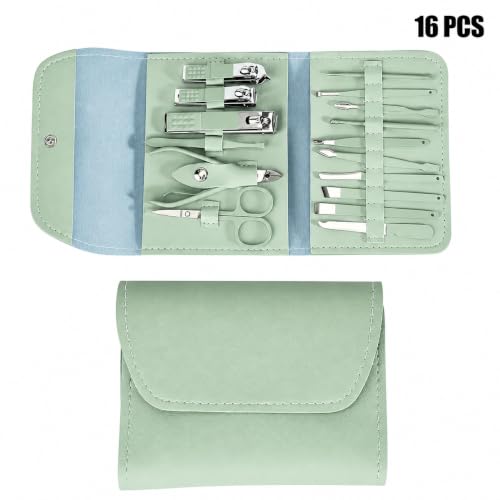 16 Piece Stainless Steel Manicure & Pedicure Set, Professional Nail Clippers Kit with Ear Spoon, Cuticle Tools, Scissors, Files, Folding Bag - Complete Home Nail Care Grooming Kit