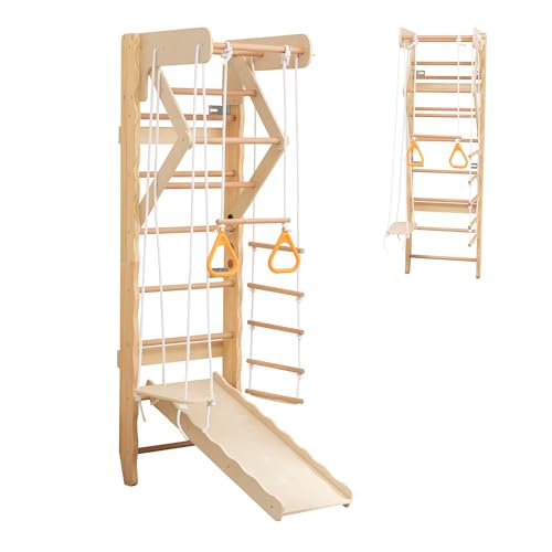 6-in-1 Swedish Ladder Wall Gym, Wooden Climbing Set with Slide, Swing & Rings