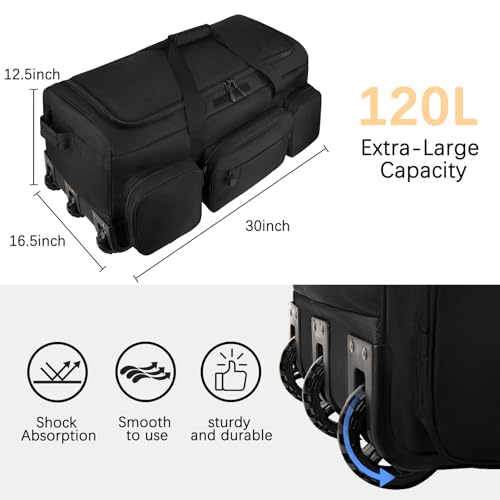 120L 3 Wheel Tactical Rolling Duffle Bag, Heavy Duty Military Deployment Luggage, 900D Waterproof Duffel for Camping Travel Outdoor Sports - color: Black