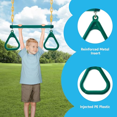 TURFEE 3 Pack Assorted Swing Set, Including 1 Gym Rings Trapeze Bar and 2 Pcs Swings with Plastic Coated Chain, Swingset Accessories Replacement for Kids Outdoor Play, Playground- Green - style: Swing set+1 Gym rings