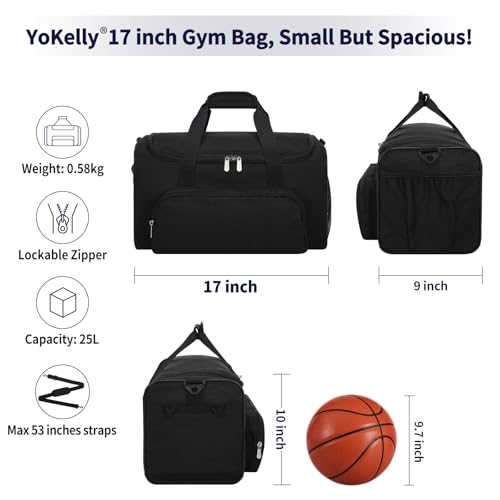 25L Small Gym Sport Duffle Bag - 17 Inch Weekender Overnight Bag for Travel, Workout, Fitness - Black - color: Black