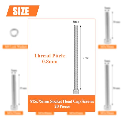 HELIFOUNER 20 Pieces M5 x 75mm, Thread Pitch 0.8mm, 304 Stainless Steel (18-8) Hex Socket Head Cap Screws, Fully Threaded - size: M5 x 75mm